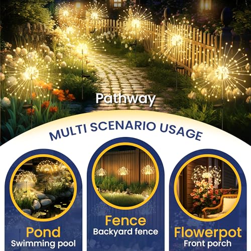 GIGALUMI Garden Decor Outdoor Lights 120LED 2Pack, Solar Garden Lights Outside Fairy Firework Decorative,Solar Powered for Yard Pathway Flowerbed Planter Balcony Patio 4th of July Decor (Warm White