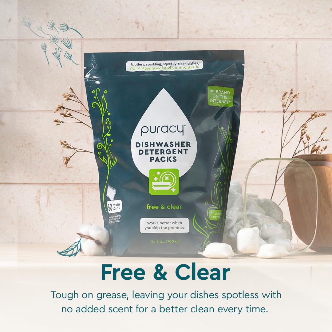 Puracy Dishwasher Pods, Natural Dishwasher Detergent, Free & Clear Dish tabs - Enzyme-Powered, Spot & Residue Free - TikTok Trend Items, Must Haves from TikTok Made Me Buy It (Free & Clear, 50 Count)