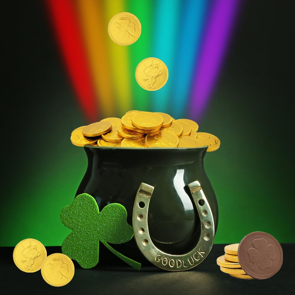St. Patrick's Day 25 Milk Chocolate Coins Lucky Gold Coins Foils, Shamrock Clover Leprechaun Premium Belgian Milk Chocolate Coins Bag Nut-Free (25-Pack)