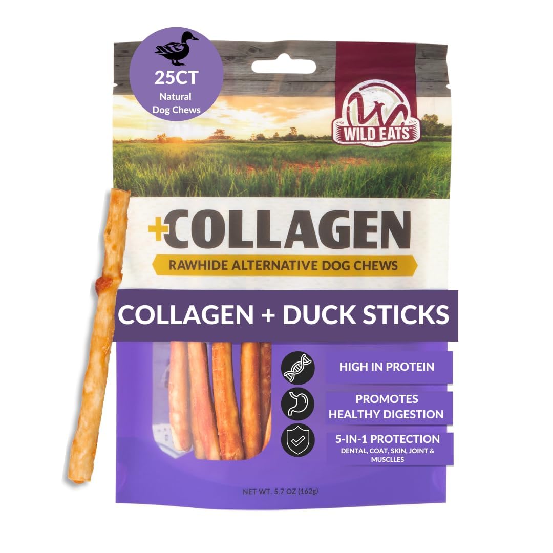 Wild Eats Real Duck Collagen Bully Sticks for Dogs (25 Pack,5 Inch) Long Lasting Dog Chews No Hide Dog Treat Bully Stick Alternative, Rawhide Free, Grain Free, High Protein