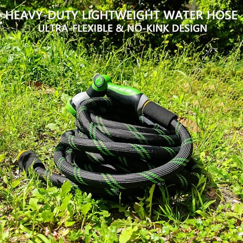 Junredy Garden Hose 25 FT, NON-EXPANDABLE Heavy-Duty Flexible & Lightweight Water Hose with 10-Function Nozzle, No-Kink, Leak-Proof Super Fabric, Solid Fittings for Lawn, Car, Outdoor (Black Green)