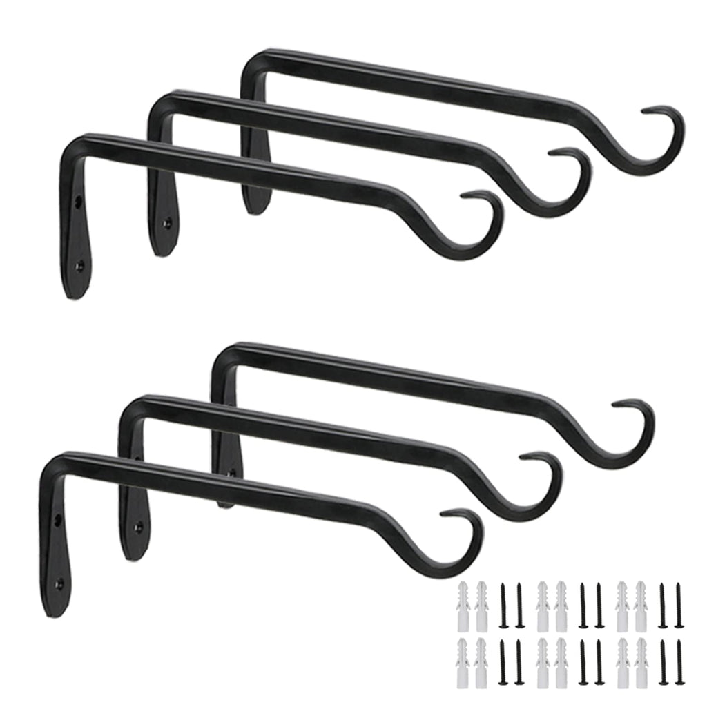 Worth 6-Pack 7" Plant Hanger Bracket, Forged Iron Black Hanging Hooks | Heavy Duty Wrought Hanging Plant Holder for Garden Fence, Wall Hooks for Bird Feeder, Indoor Outdoor Use