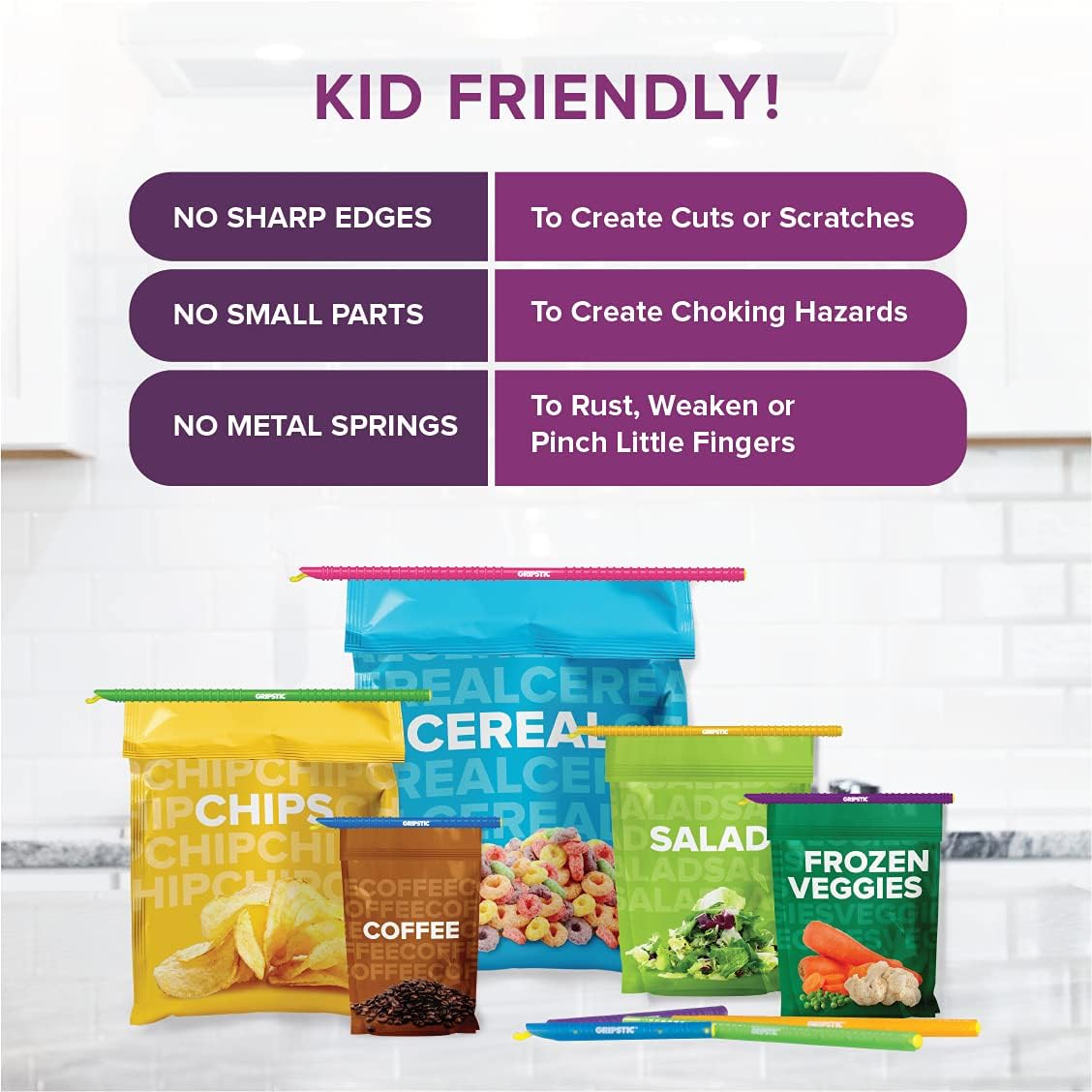 GripStic Bag Clips. 12pc Durable Food Clip Set For Kitchen Storage. Reusable Chip Bag Clips. Color Coded Bag Closure Sticks Provide Air Tight Seal. Chip Clips Reinvented.