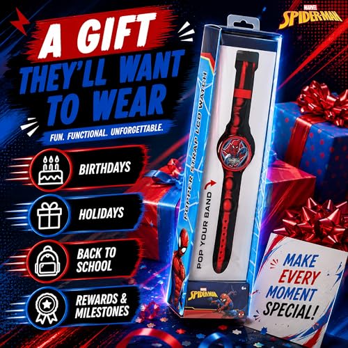 Accutime Marvel Spiderman Kids Digital LCD Wrist-Watch with Red, Green, and Yellow LED Light Show and Popper Strap for Boys, Girls, and Toddlers - Perfect for Learning Time and Fun