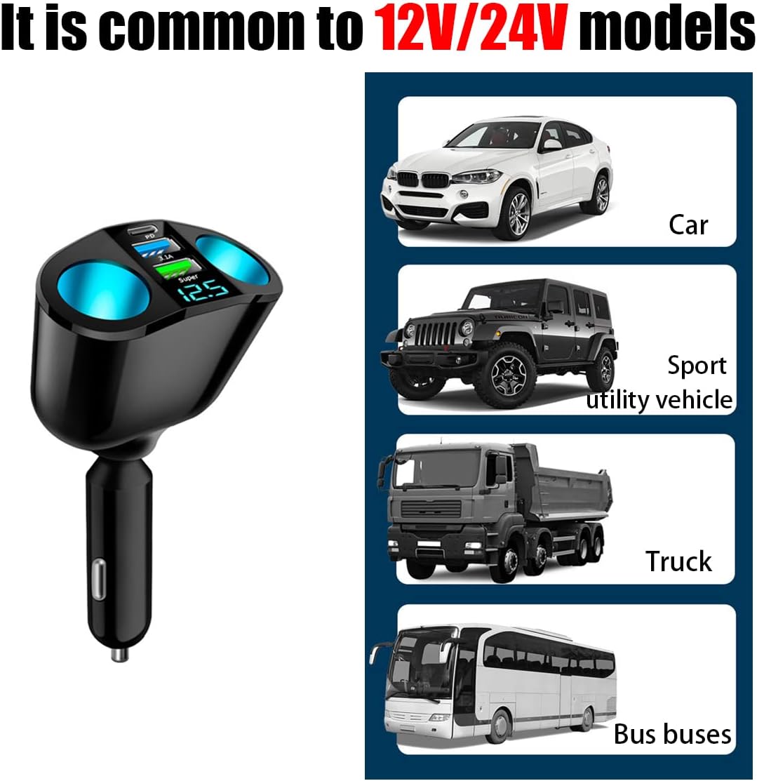 Car Cigarette Lighter Splitter, 2-Socket Cigarette Lighter Adapter with LED Voltmeter, Dual USB QC3.0 Type-C 20W PD Fast Car Charger, 12V/24V Splitter Adapter for Smart Phone GPS Dash Cam
