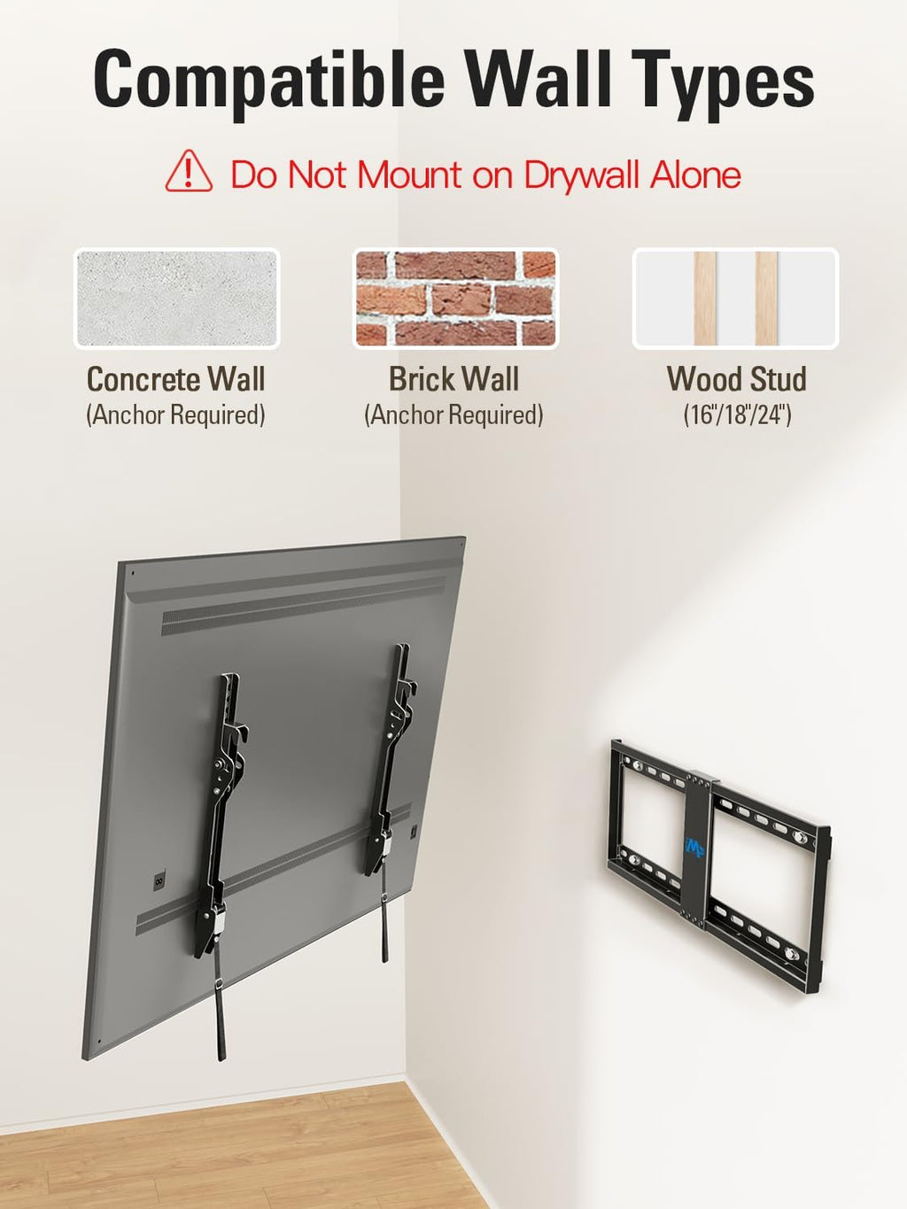 Mounting Dream TV Wall Mount for Most 37-75 Inch TVs, Universal Tilt TV Mount Fit 16", 18", 24" Stud with Loading Capacity 132lbs, Max Vesa 600 x 400mm, Low Profile Flat Wall Mount TV Bracket