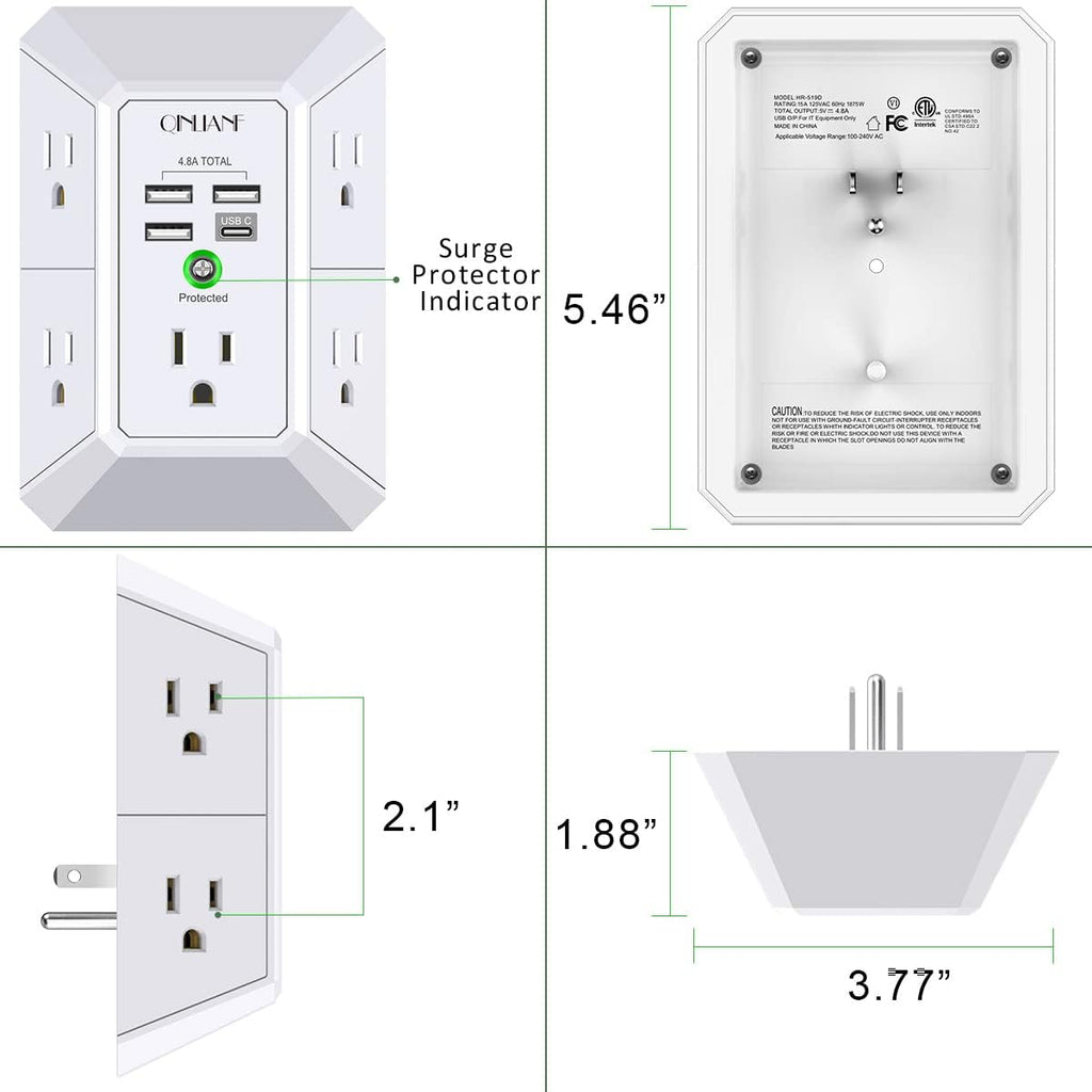 USB Wall Charger, Surge Protector, QINLIANF 5 Outlet Extender with 4 USB Charging Ports (4.8A Total) 3-Sided 1680J Power Strip Multi Plug Outlets Wall Adapter Spaced for Home Travel Office(2U2C),White