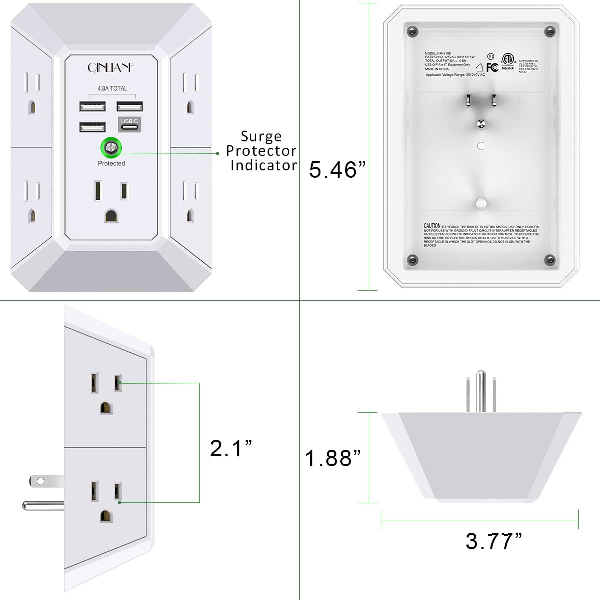USB Wall Charger, Surge Protector, QINLIANF 5 Outlet Extender with 4 USB Charging Ports (4.8A Total) 3-Sided 1680J Power Strip Multi Plug Outlets Wall Adapter Spaced for Home Travel Office(2U2C),White