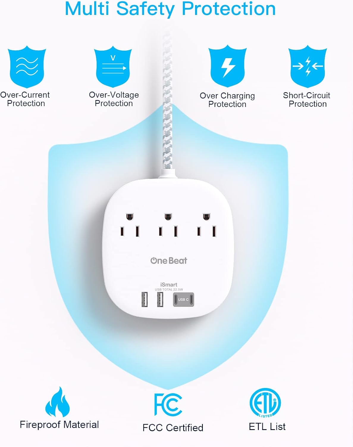 Flat Plug Power Strip, 6ft Ultra Flat Extension Cord - 3 Outlets 4 USB Ports (2 USB C) 22.5W/4.5A Desktop Charging Station, Power Strip No Surge Protection for Cruise Ship, Dorm Room Travel Essentials