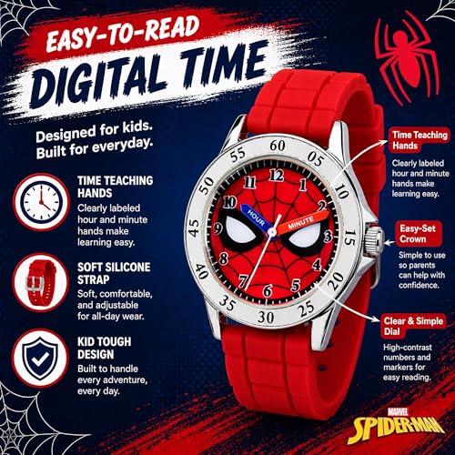 Spiderman Time Teacher Watch for Kids - Red Silicone Strap, Easy-to-Read Dial, Water Resistant, with Special Tin