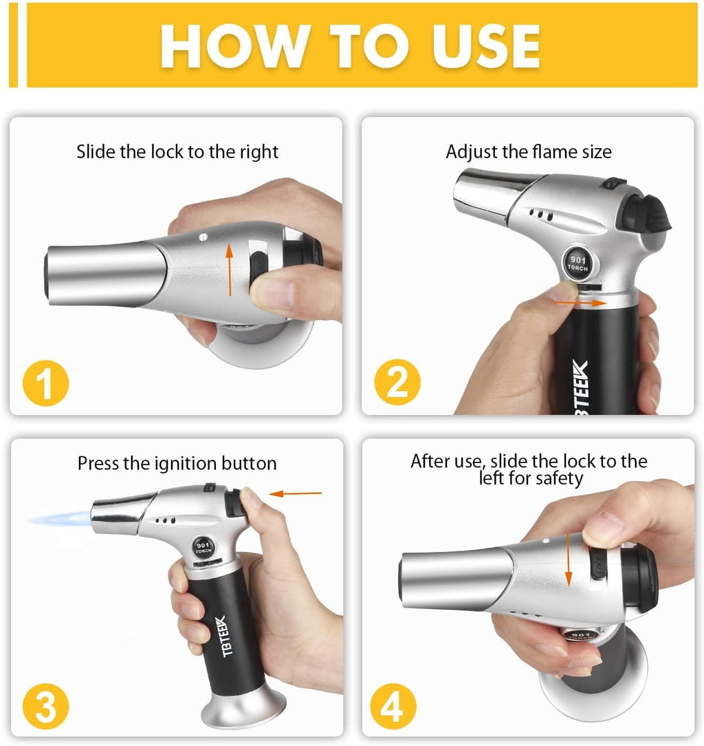 TBTEEK Butane Torch, Kitchen Torch Cooking Torch with Safety Lock & Adjustable Flame for Cooking, BBQ, Baking, Brulee, Creme, DIY Soldering(Butane Not Included)