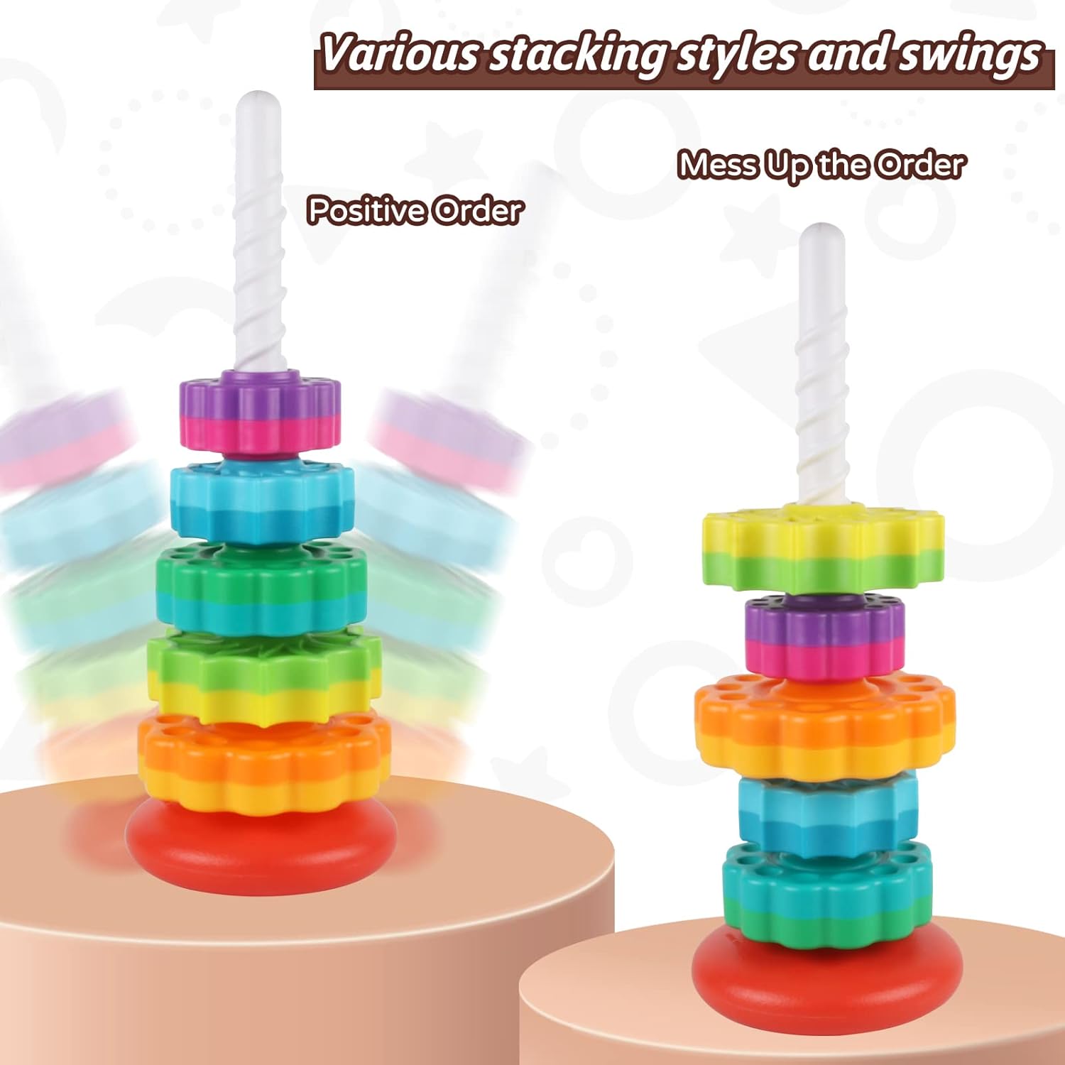 Baby Spinning Stacking Toys for Toddlers 1-3, Rainbow Ring Stacker Montessori Toys for Babies 6-12 Months, 1 2 3 One Year Old Girl Boy Birthday Gifts, Autism Sensory Learning Toy