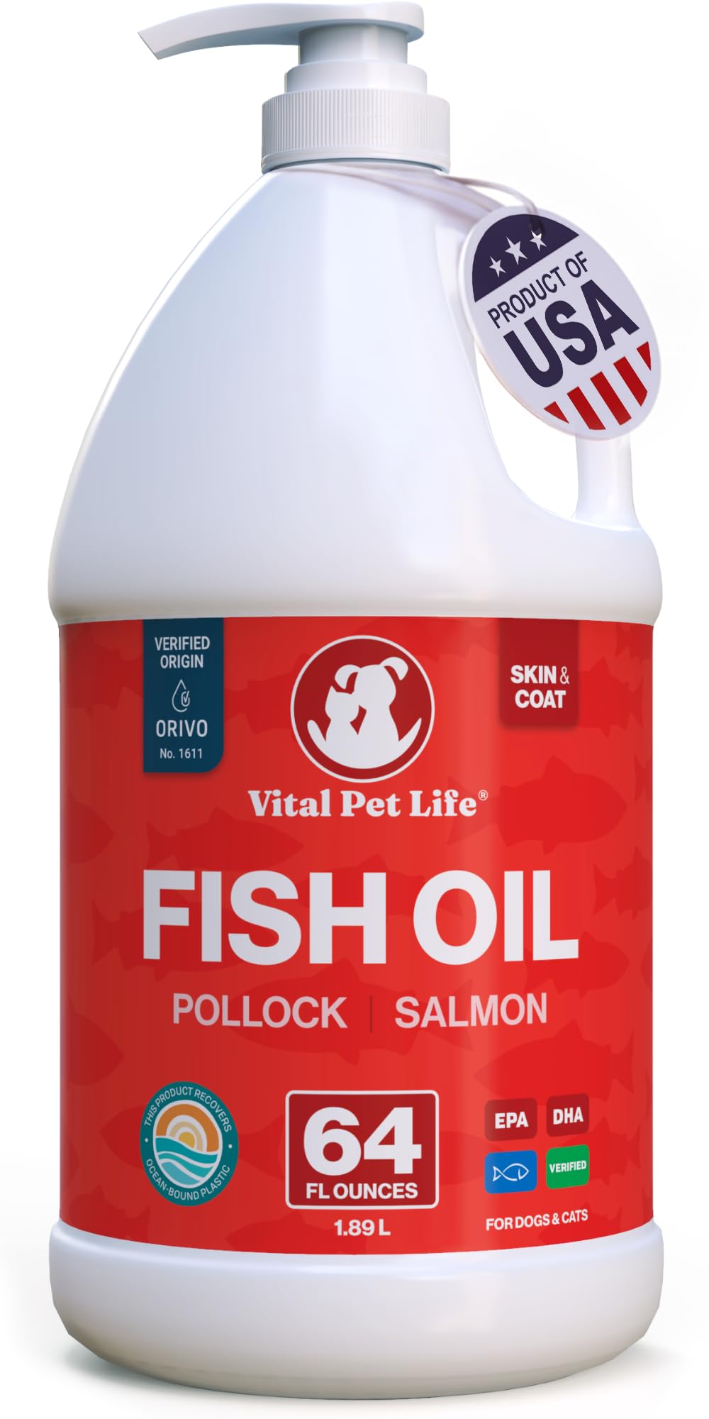 Fish Oil for Dogs, Healthy Skin & Coat Salmon Pollock Liquid Omega 3, 64 oz | Soft Shiny Glossy Coat, EPA DHA, Immune System & Heart Function Support, Normal Shedding, Supplement for Pets