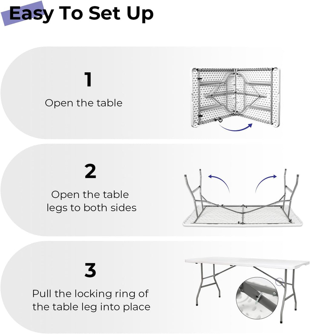 Folding Table 6ft Portable Heavy Duty Plastic Fold-in-Half Utility Foldable Table Plastic Dining Indoor Outdoor for Camping, Picnic and Party, White