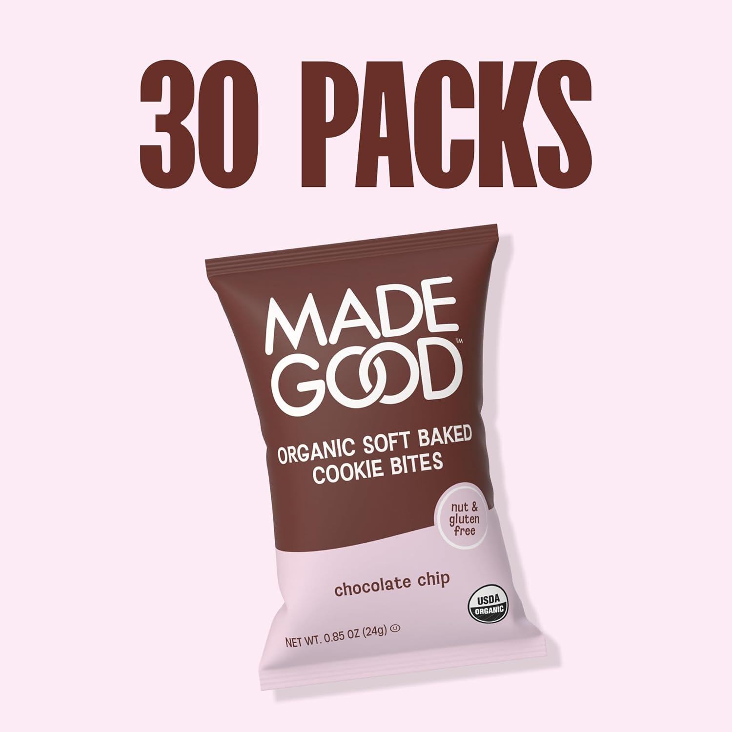 MadeGood Soft Baked Chocolate Chip Mini Cookies, Gluten Free & Safe For School Snacks, 30 Count