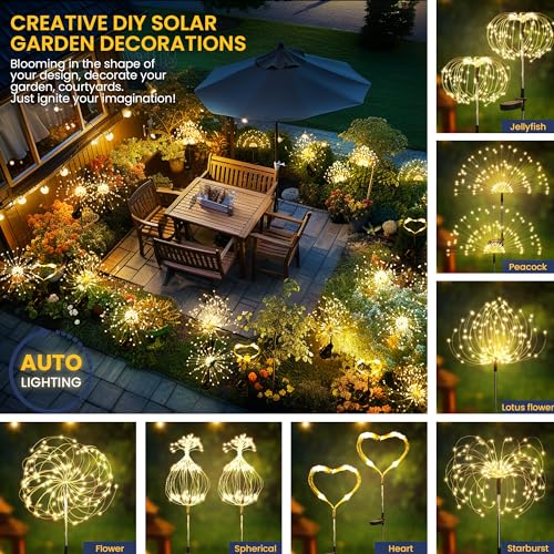 GIGALUMI Garden Decor Outdoor Lights 120LED 2Pack, Solar Garden Lights Outside Fairy Firework Decorative,Solar Powered for Yard Pathway Flowerbed Planter Balcony Patio 4th of July Decor (Warm White