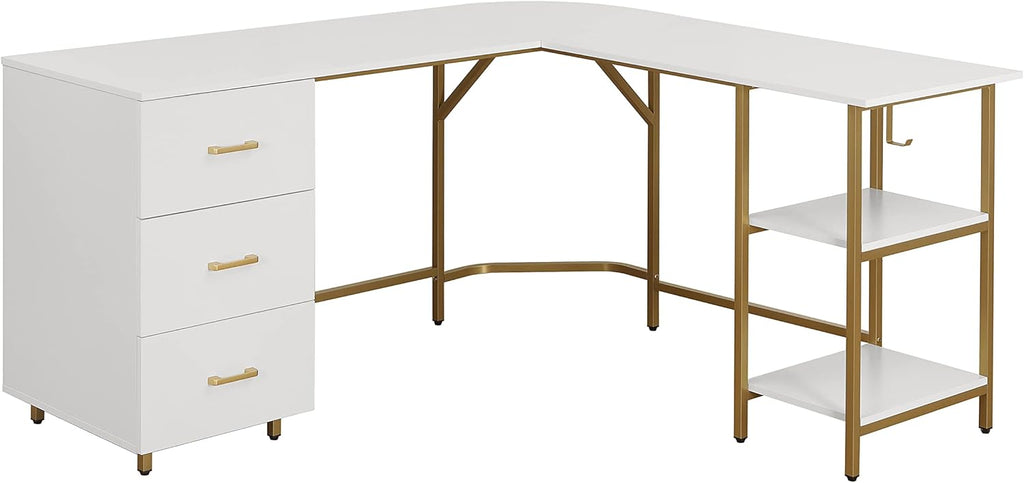 Techni Mobili L Shaped Desk - Two-Toned Computer Desk with Drawers & Storage Shelves - Simple Modern Furniture & Home Office Space Corner Table for Work & Writing