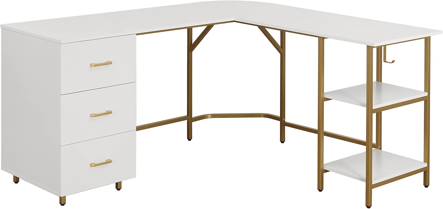 Techni Mobili L Shaped Desk - Two-Toned Computer Desk with Drawers & Storage Shelves - Simple Modern Furniture & Home Office Space Corner Table for Work & Writing