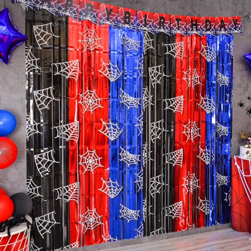 Bupelo Spider Web Birthday Decorations, 2 Pack Spider Party Supplies 3.3x6.6ft Tinsel Foil Fringe Curtains, Red Black, and Blue Photo Booth Prop Backdrop Streamer, Birthday Decor, Party Decor for Boys