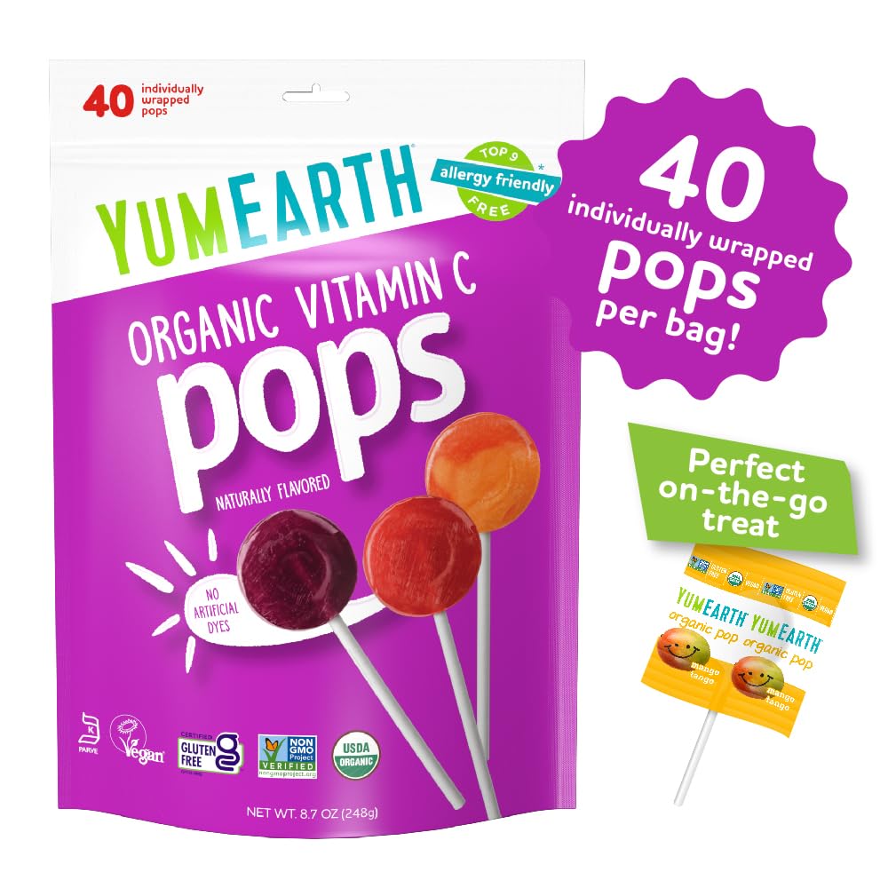 YumEarth Organic Vitamin C Pops Variety Pack, 40 Fruit Flavored Favorites Lollipops, Allergy Friendly, Gluten Free, Non-GMO, Vegan, No Artificial Dyes