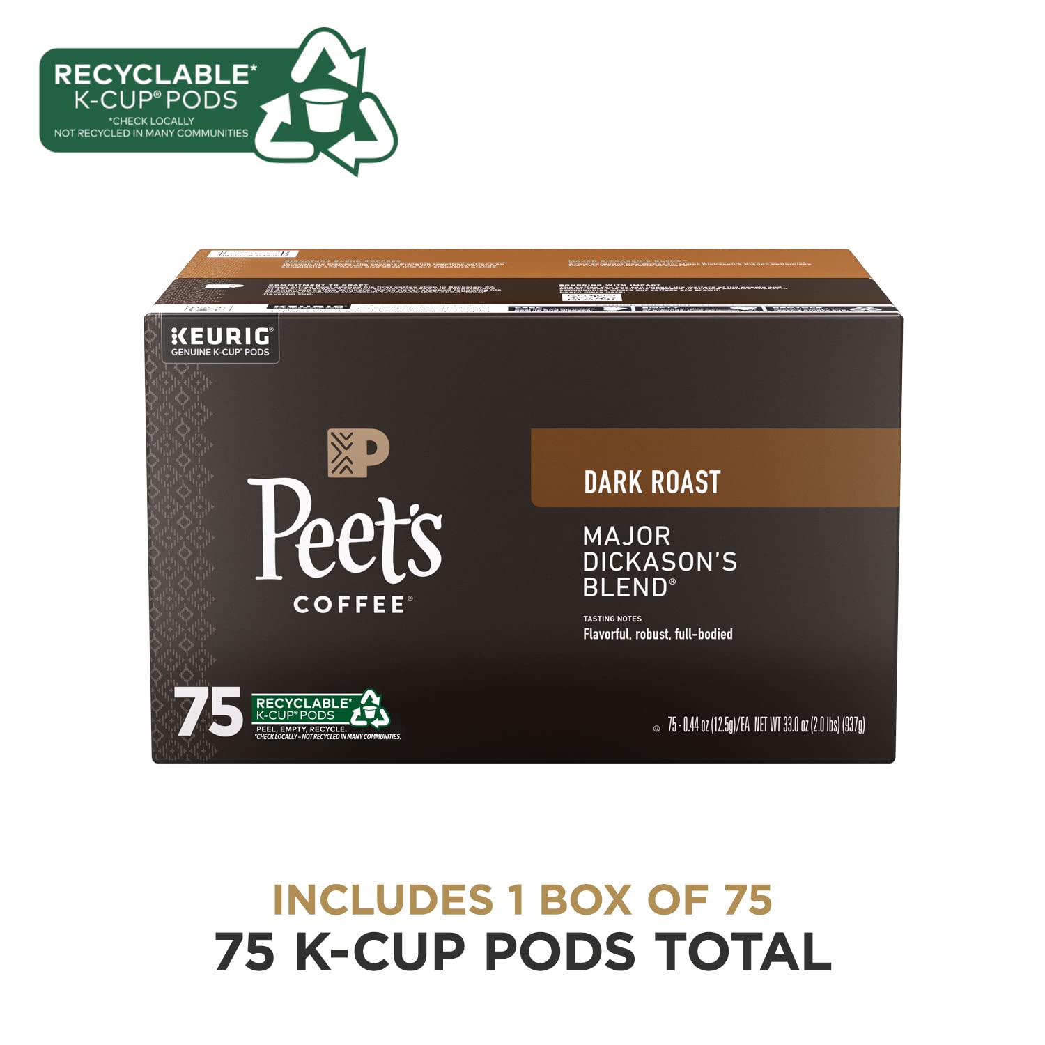 Peet's Coffee, Dark Roast Keurig K-Cup Pods - Major Dickason's Blend 75 Count (1 Box of 75 Pods)