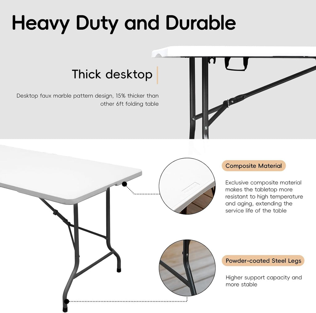Folding Table 6FT HDPE 6 Foot Foldable Table Portable Banquet Surface Fold-in-Half Desk Utility for Working Meeting Parties, Picnic, Camping, Weddings, Catering, Garden Dining-White
