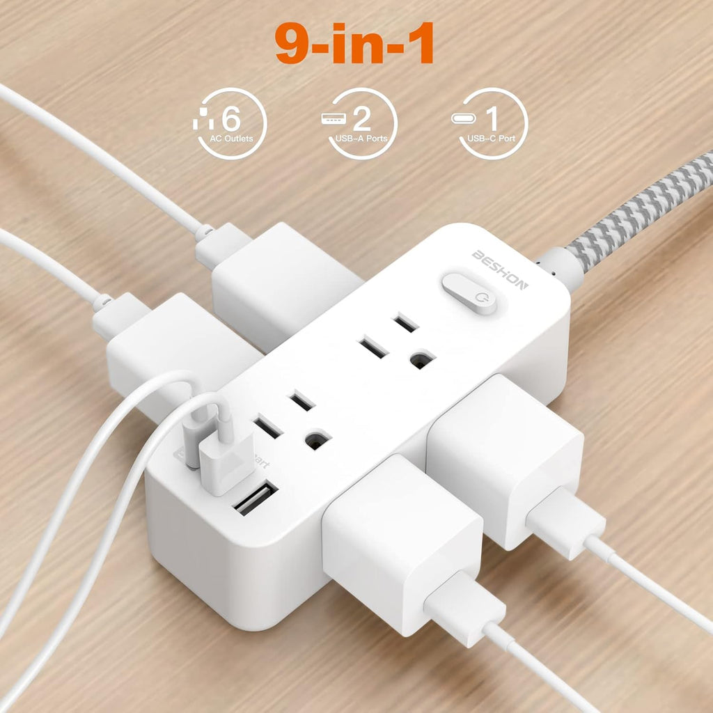 Power Strip Surge Protector, BESHON 5Ft Extension Cord, 6 Outlets with 4 USB Ports (2 USB C Outlet), 3-Side Outlet Extender, Wall Mount, Compact for Travel, Home, School, College Dorm Room and Office