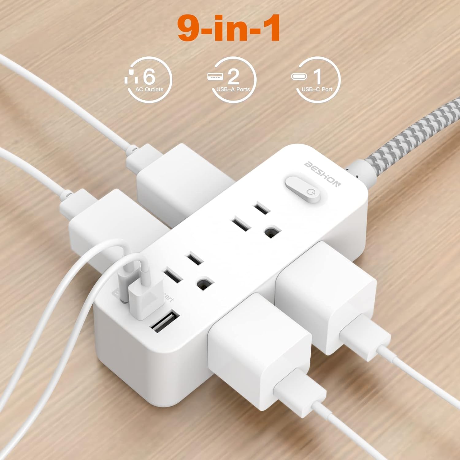 Power Strip Surge Protector, BESHON 5Ft Extension Cord, 6 Outlets with 4 USB Ports (2 USB C Outlet), 3-Side Outlet Extender, Wall Mount, Compact for Travel, Home, School, College Dorm Room and Office