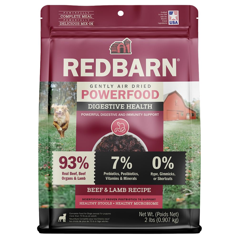 Redbarn Powerfood Air Dried Dog Food 2 lbs High Protein Beef and Lamb with Prebiotics Postbiotics for Digestive Health Wholesome Pet Food Complete Meal Made in USA