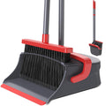 Broom with Dustpan Combo Set, Long Handle Upright Standing Self-Cleaning Broom and Dustpan Set for Pet Hair & Dust Cleanup, Indoor Outdoor Use for Home, Kitchen, Office, Red & Gray
