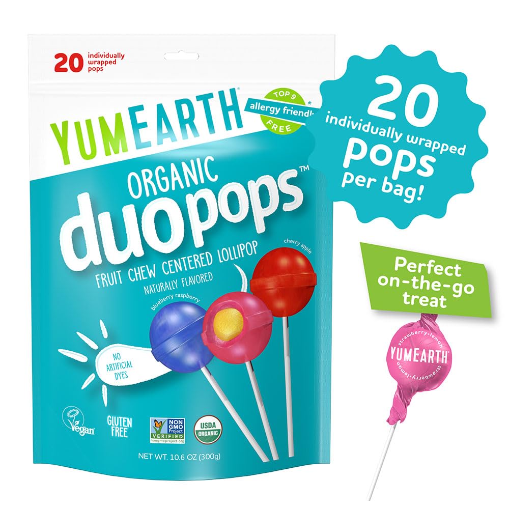 YumEarth Organic Duo Pops, Lollipops with Fruit Chew Centers - Allergy Friendly (Top 9 Free), No Artificial Dyes, Non GMO, Gluten Free, Vegan Candy Snacks - Individually Wrapped Pops (20 Count (Pack of 1))