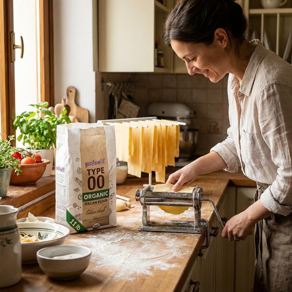 POLSELLI Organic Flour, Type 00, 100% Italian Grain, Double Zero Flour, OO Extra Fine, 5 kg, 11 lbs, BIO, Neapolitan Italian Pizza, Bread, Pasta, All Natural, Unbleached, All-Purpose, Unbromated, No Additives