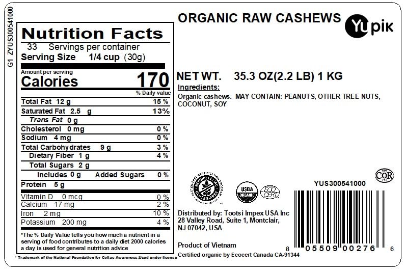 Yupik Organic Raw Cashews, 2.2 lb (35.2 oz), Kosher, Gluten-Free, Non-GMO, Vegan, Whole Nuts, Unsalted, Unroasted, Source of Protein & Iron, Nutritious, Crunchy, Healthy Snacks, For Baking & Cooking