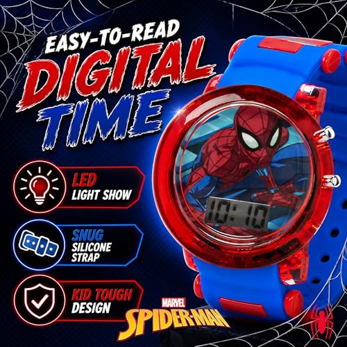 Marvel Spider-Man Kids' LCD Watch – Flashing LED Bullet Band, Digital Time Display, Red & Blue Design, Durable Plastic Case, Adjustable Silicone Strap – Fits Wrists 5.5" to 8"