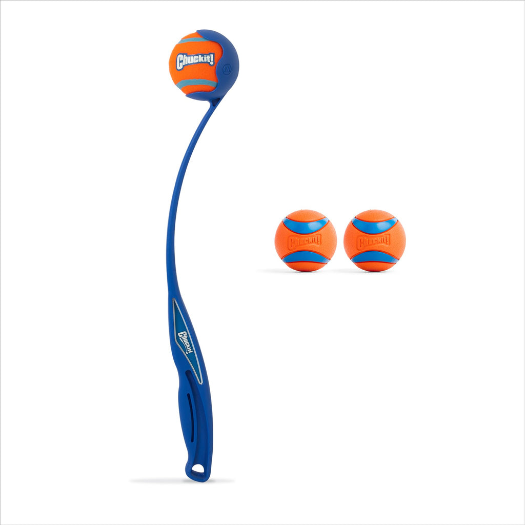 Chuckit! Ultra Ball & Launcher Bundle - Sport 18" with 2 Pack Medium (2.5") Bouncy Fetch Balls for Dogs 20-60 lbs, Dog Fetch Ball Thrower