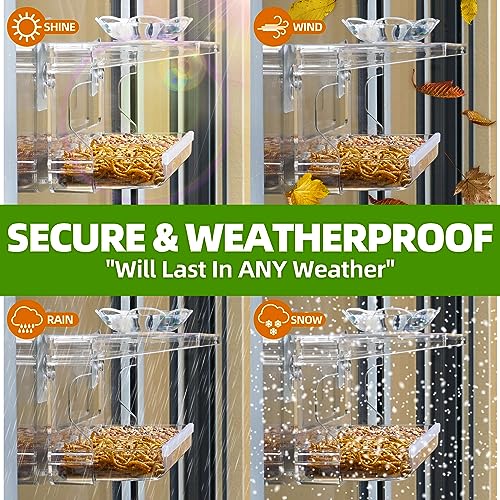 WENMIXER Window Bird Feeder with Non-Marking Self-Adhesive Hooks, Clear and Transparent, Outdoor Wild Bird Watching Gift, Garden Decor (Standard)