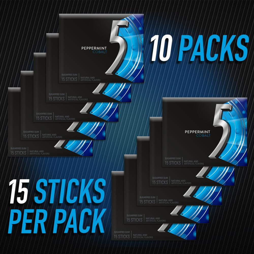 5 GUM Peppermint Cobalt Sugar Free Chewing Gum Bulk, Stimulate Your Senses While Listening to Your Favorite Music, Mini Purse Essentials, 15 Sticks (Pack of 10)