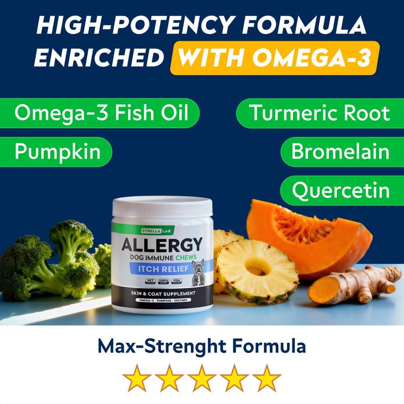 StrellaLab Dog Allergy Relief & Anti Itch Support Chews w/Omega 3: Real Ingredients, Real Taste! Skin & Coat Immune w/Fish Oil, Pumpkin & Enzymes — Developed by Experts - Made in USA - 60Ct