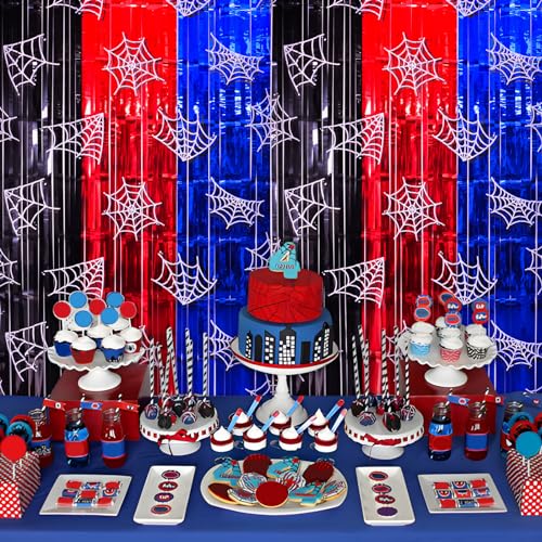 Bupelo Spider Web Birthday Decorations, 2 Pack Spider Party Supplies 3.3x6.6ft Tinsel Foil Fringe Curtains, Red Black, and Blue Photo Booth Prop Backdrop Streamer, Birthday Decor, Party Decor for Boys