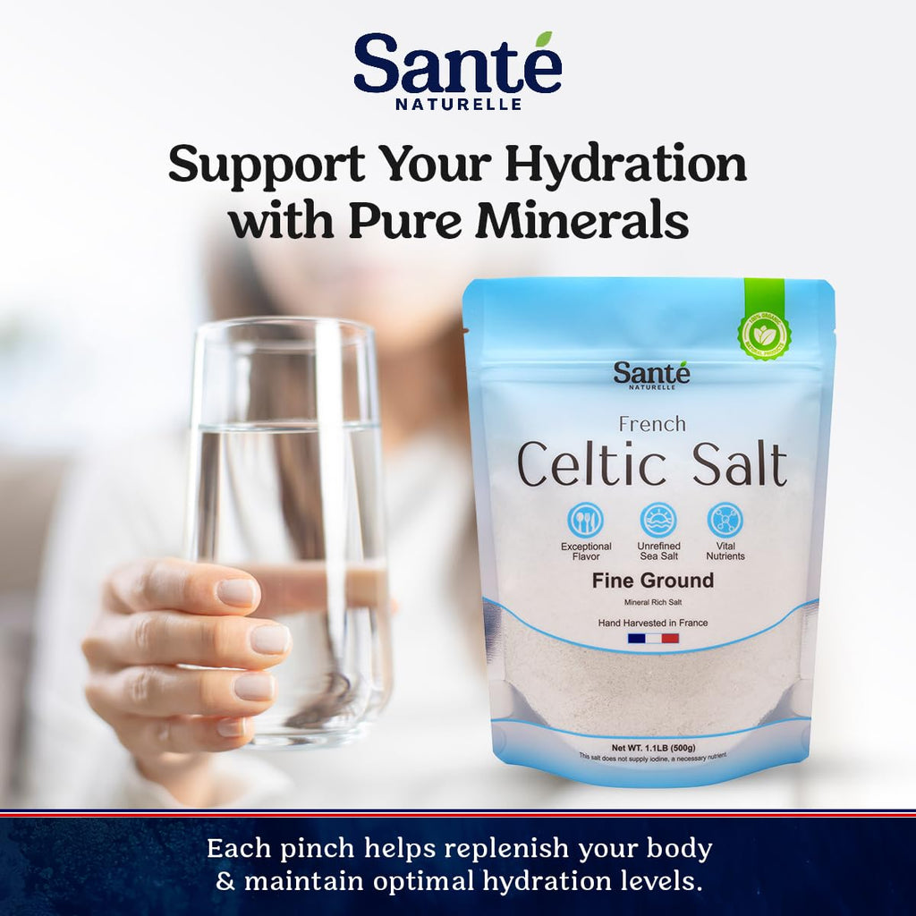 Sante Naturelle Celtic Salt Organic Fine Ground - 1.1lb (18oz) Unrefined French Mineral Sea Salt Organic, Rich in 82+ Minerals, 100% Natural & Hand Harvested Sal Celtica