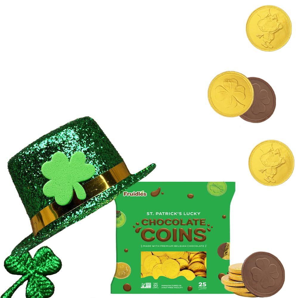 St. Patrick's Day 25 Milk Chocolate Coins Lucky Gold Coins Foils, Shamrock Clover Leprechaun Premium Belgian Milk Chocolate Coins Bag Nut-Free (25-Pack)