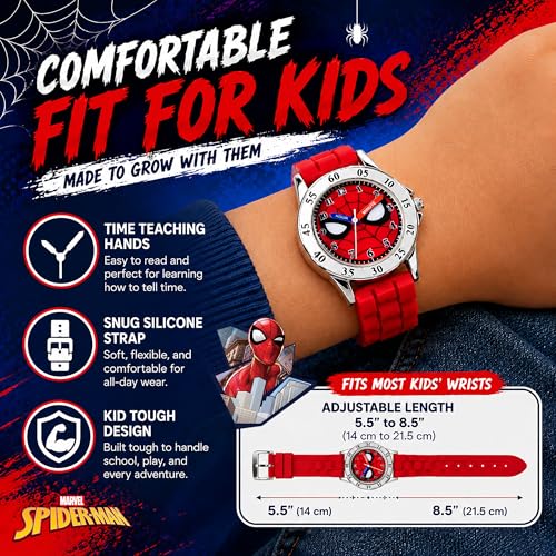 Spiderman Time Teacher Watch for Kids - Red Silicone Strap, Easy-to-Read Dial, Water Resistant, with Special Tin