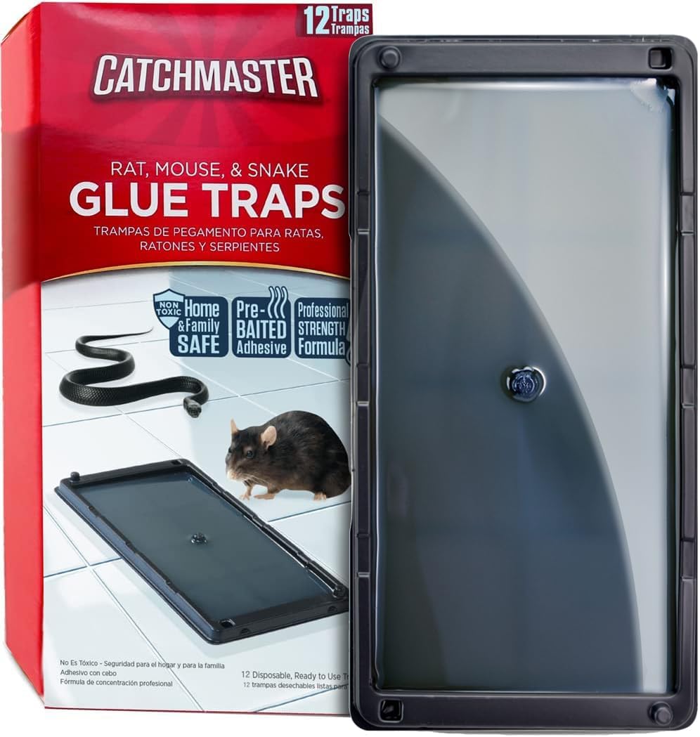 Catchmaster Rat, Snake and Mouse Traps 12Pk, Large Bulk Glue Rat Traps for Home, Adhesive Plastic Tray for Inside House, Snake, Mice, & Spider Catcher, Pest Control for House & Garage