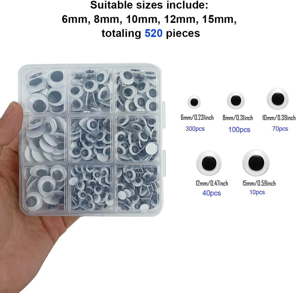 520 Pcs Wiggle Googly Eyes with Self-Adhesive, 6mm 8mm 10 mm 12mm 15mm Mixed Packaging (Black and White)