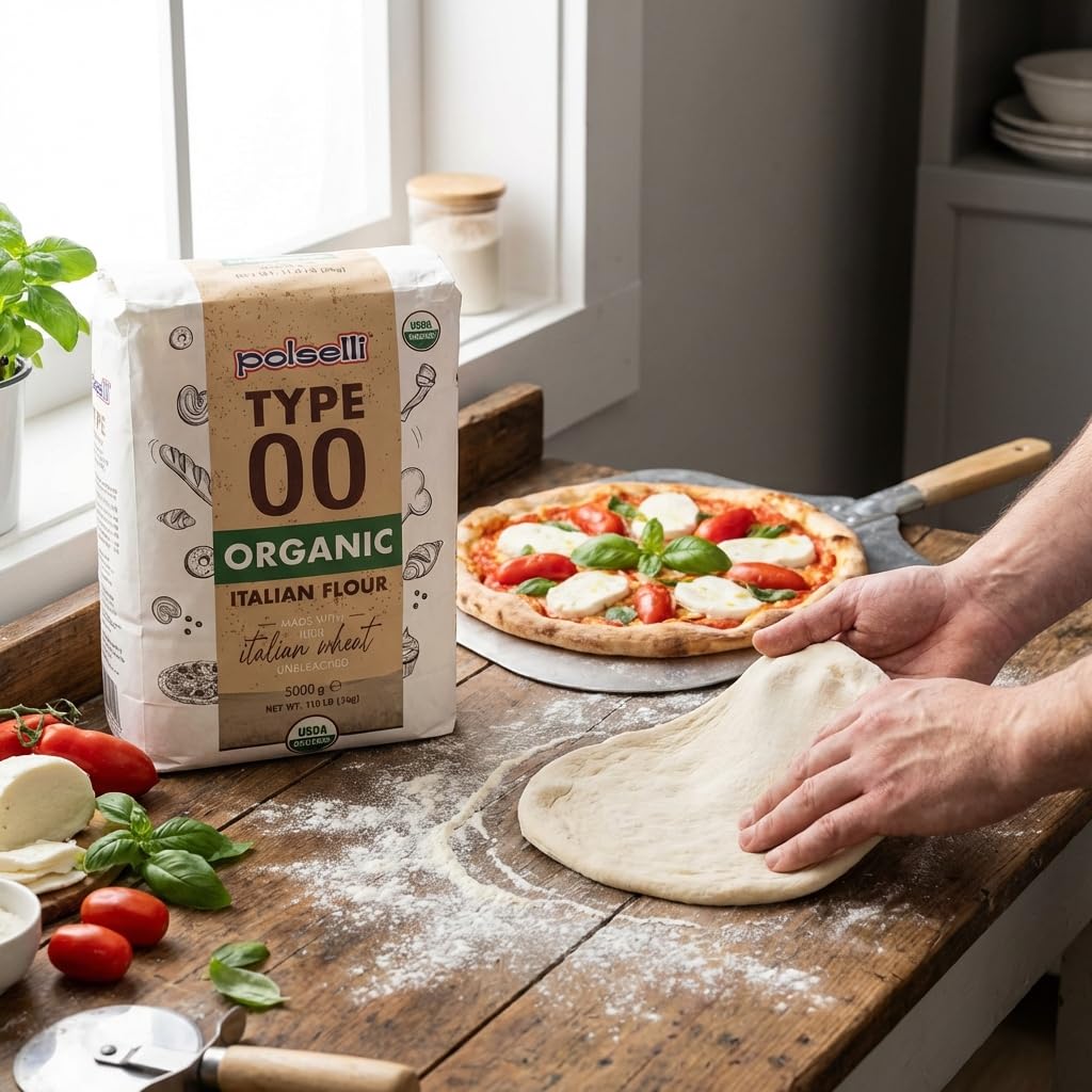POLSELLI Organic Flour, Type 00, 100% Italian Grain, Double Zero Flour, OO Extra Fine, 5 kg, 11 lbs, BIO, Neapolitan Italian Pizza, Bread, Pasta, All Natural, Unbleached, All-Purpose, Unbromated, No Additives