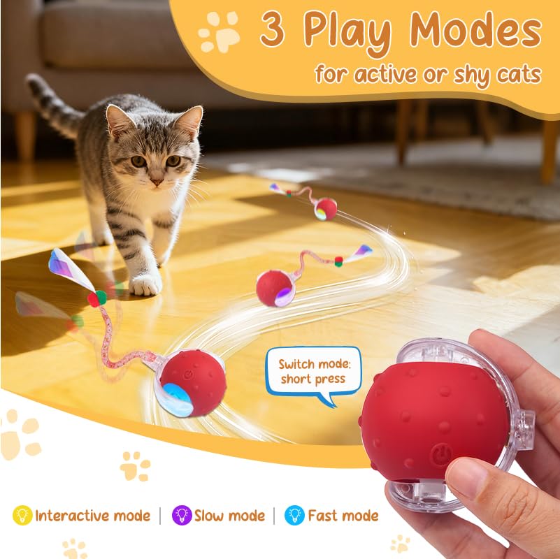 Interactive Cat Ball Toy, Chirping Motion Activated Electric Rechargeable Cat Toy with 2 Replaceable Tails, Self Play Hunting Rolling Indoor Cat Toys for Bored Adult Cats & Kittens - Boredom Busters