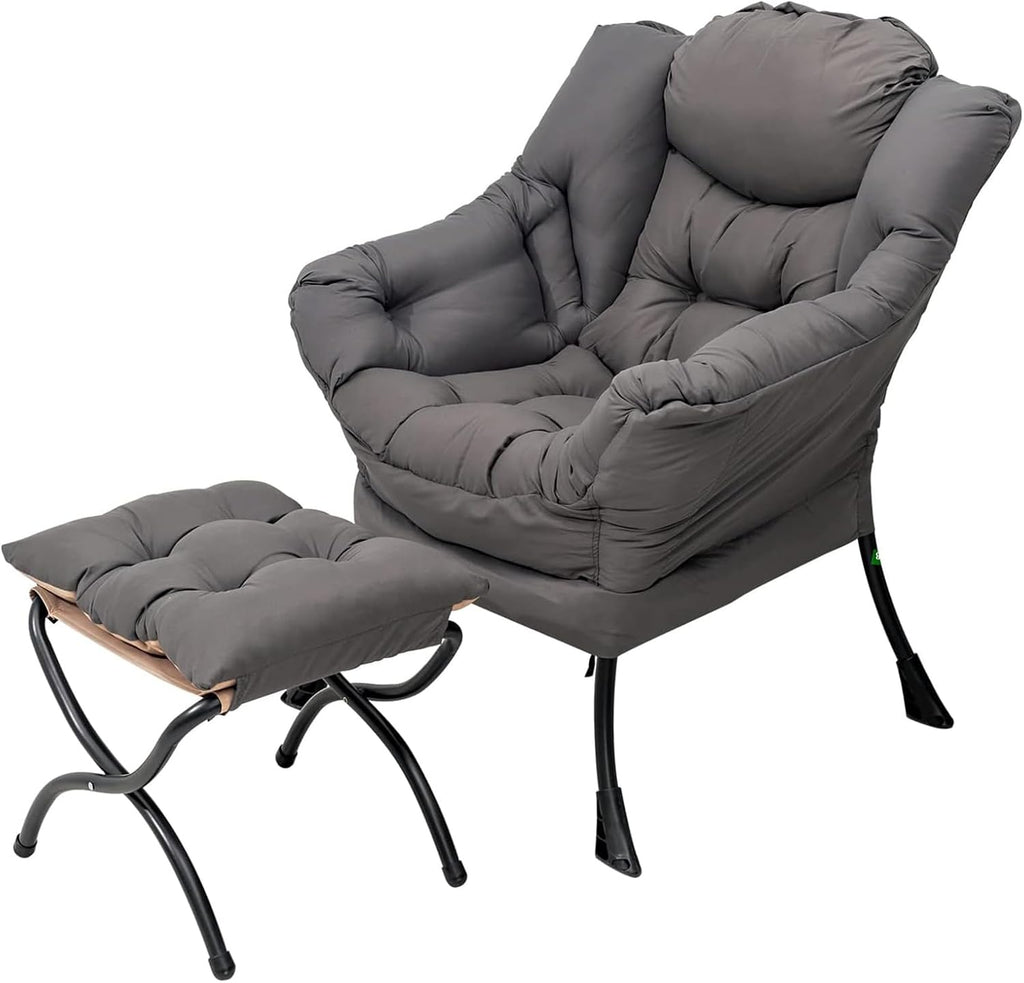 Welnow Lazy Chair with Ottoman, Modern Lounge Accent Chair with Armrests and a Side Pocket, Leisure Sofa Armchair, Reading Armchair with Footrest for Small Space, Dark Grey