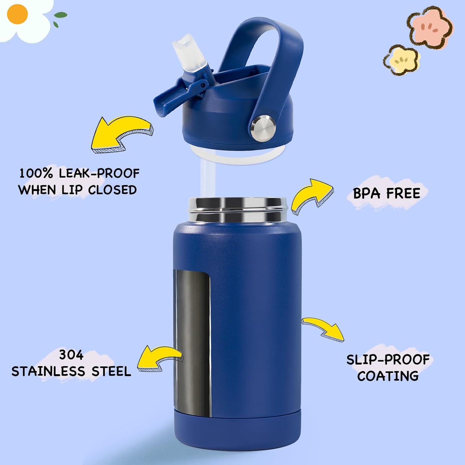 Kerilyn 12oz Kids Water Bottle, Stainless Steel Insulated Water Bottle, Toddler Cup with Straws Leak-Proof, Kids Water Bottles for School Boys Girls, BPA Free, Blue