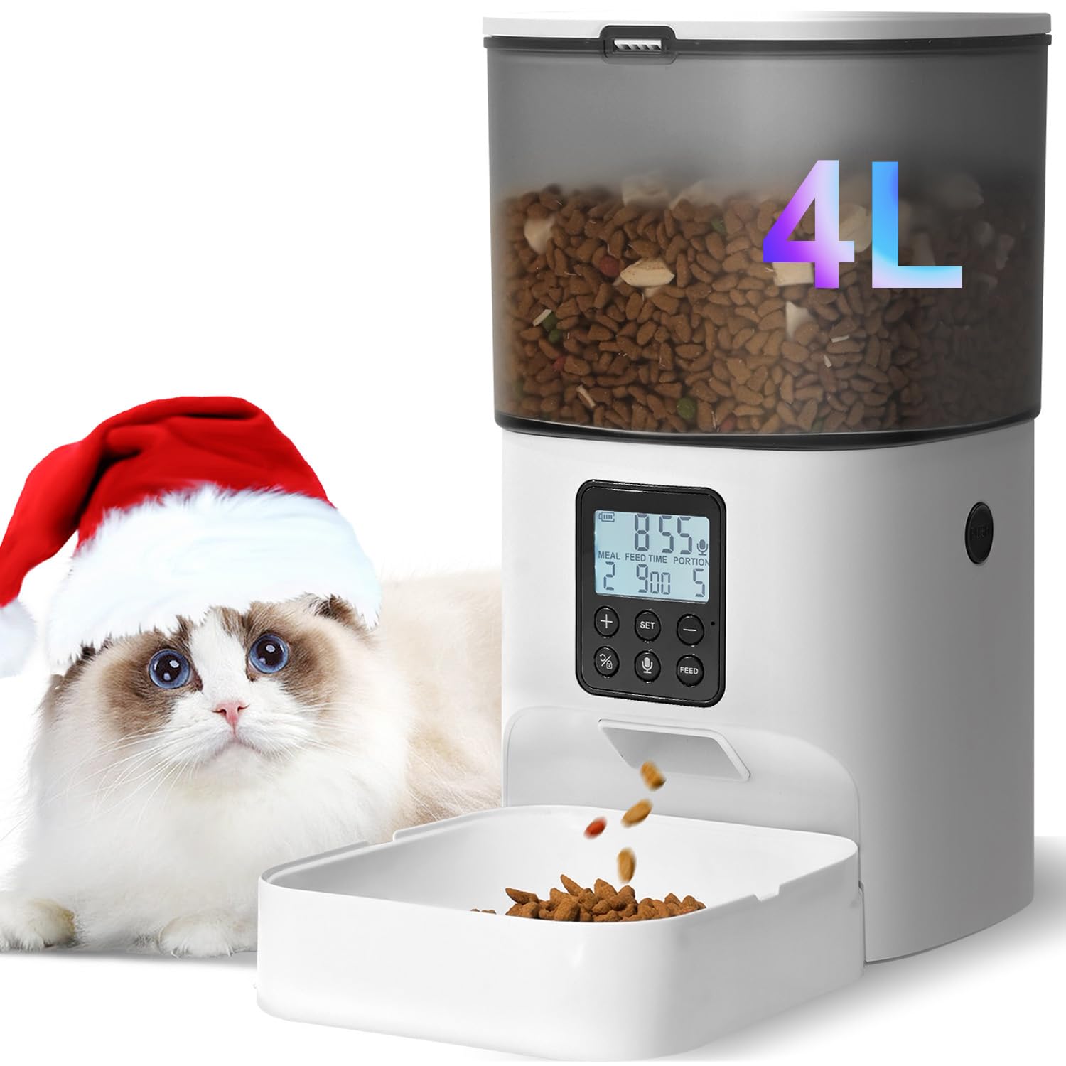 Automatic Cat Feeder, 4L Cat Food Dispenser with 10s Voice Recorder, Pet Feeder up to 8 Meals per Day, Timed Dog Feeder with Dry Food Sealed Ring
