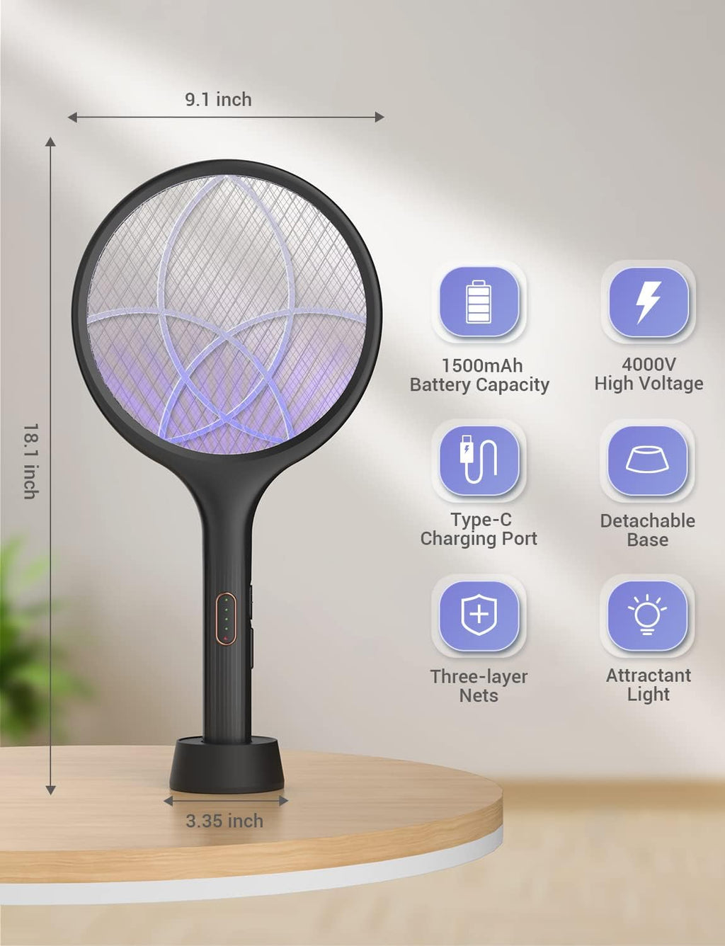YISSVIC Electric Fly Swatter Bug Zapper Racket Dual Modes Mosquito Killer with Purple Mosquito Light Rechargeable for Indoor Home Office Backyard Patio Camping (Black) (Black-1 Pack)